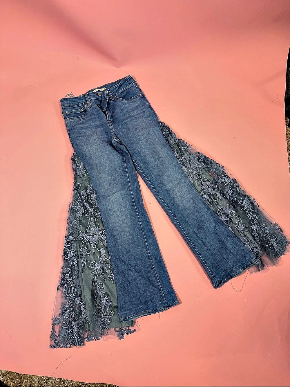 725 High Rise Bootcut Floral Lace Panel Jeans Waist 27